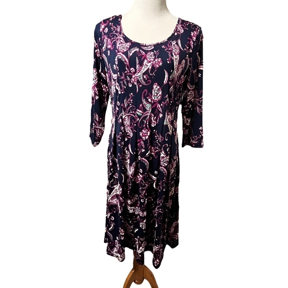 Kim Rogers Fit & Flare Stretchy Navy Blue Dress Size XL Petite